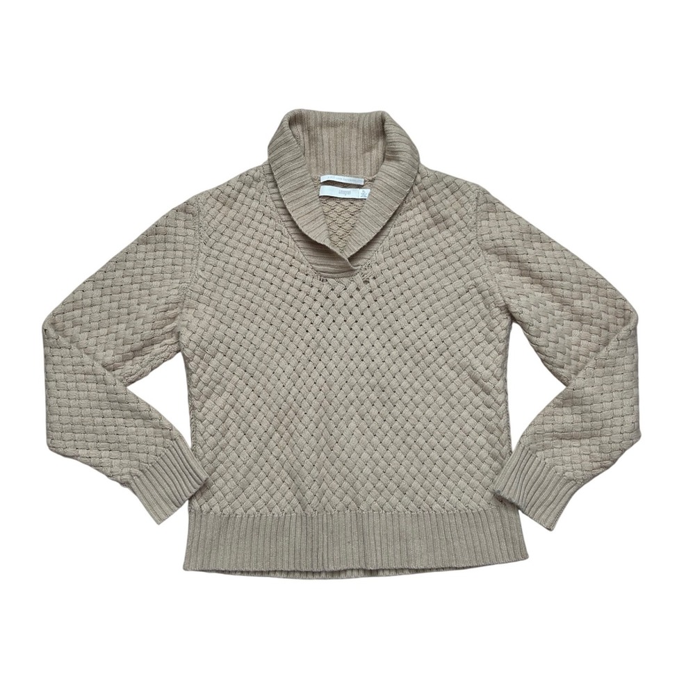 I. Magnin 2 ply‎ 100% Cashmere Sweater XL Tan Basketweave Knit Collar Pullover